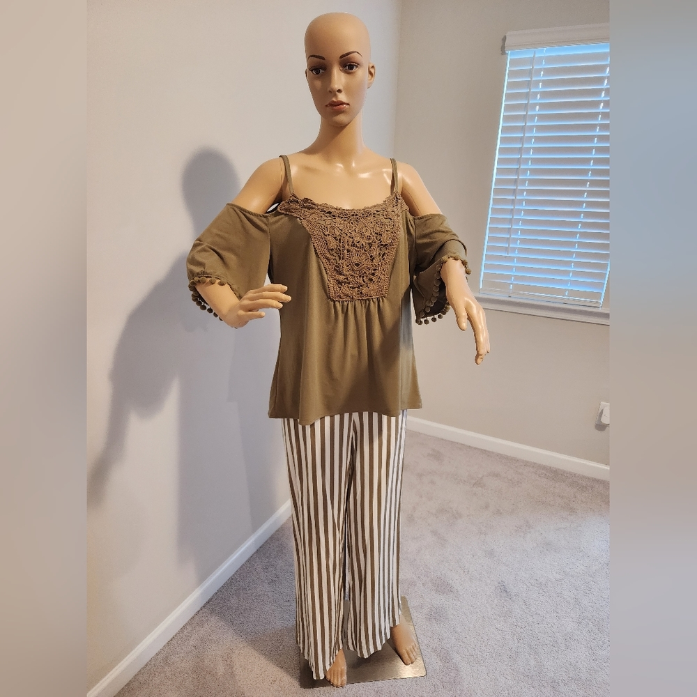 SET - New York & Company Olive Green Blouse and matching Stripe Pants